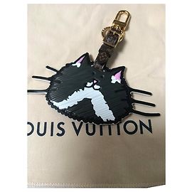 Charm de bolsa Louis Vuitton x Grace Coddington Gato em couro Marrom Preto Rosa Branco Gold hardware
