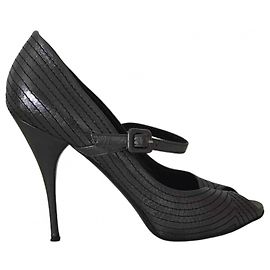 Valentino Mary Jane Peep Toe Stilettos Grey Leather 40 Grey Metallic Silver hardware