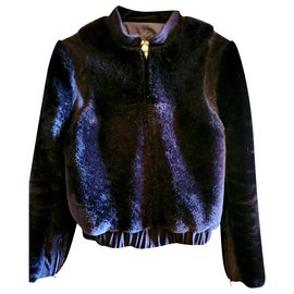 Chanel Dark Blue Shearling Bomber Jacket Pre fall 2016 Blue