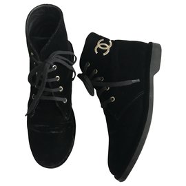 Chanel-Velvet Combat Boots-Black