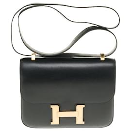 Hermès-Splendide Hermès Constance en cuir box noir, garniture en métal doré en superbe état-Noir