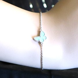Van Cleef & Arpels-Van Cleef & Arpels White Gold Turquoise Butterfly Sweet Alhambra Bracelet-Silvery