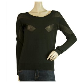 Surface To Air-Surface to air Black Cotton Viscose Knit Sheer Panels Top Blouse size 34-Black