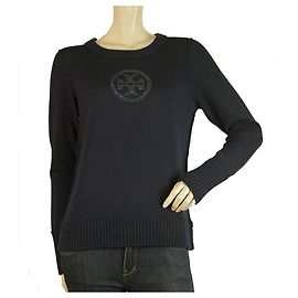 Tory Burch Blue Wool Strickoberteil w. Großes Logo Emblem Pullover Größe M. Blau