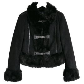 Armani Jeans-Faux Leather & Fur Aviator Jacket-Black