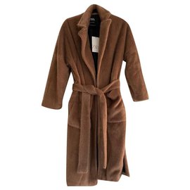 Zara-Zara Camel flauschiger Mantel mit Gürtel Gr. XXL neu mit Etikett-Cognac