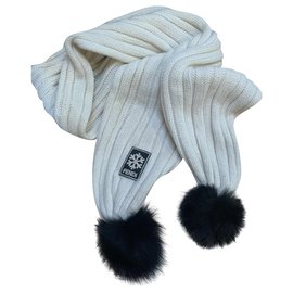 Fendi Kaschmir Schal Weiß mit Pelz Pompons Weiß Creme