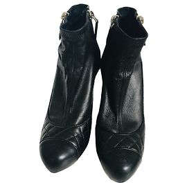 Chanel Ankle Boots Black Leather 38.5 Black Silver hardware