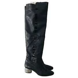 Chanel Overknee Boots Black Patent Leather Black Silver hardware