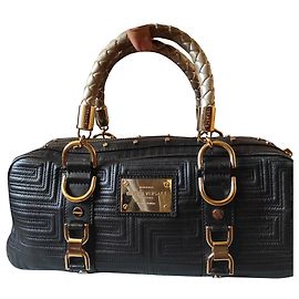Bolsa de couro Gianni Versace Greek Quilt preta Preto Gold hardware