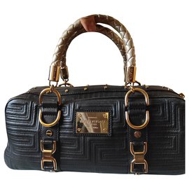Gianni Versace-Greek Quilt Handbag-Black,Gold hardware