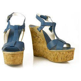 Ralph Lauren-Coleção Ralph Lauren Plataforma de sandália de salto em cunha Fimesa Couro Azul Cortiça 7.5b-Azul