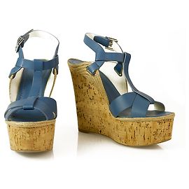 Ralph Lauren Collection Fimesa Blue Leather Cork Wedge Heel Sandal Platform 7.5b Blue
