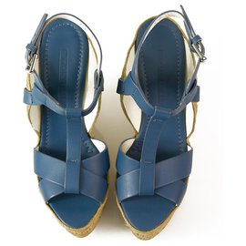 Ralph Lauren-Coleção Ralph Lauren Plataforma de sandália de salto em cunha Fimesa Couro Azul Cortiça 7.5b-Azul