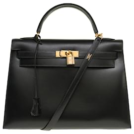 Hermès-Exceptionnel Sac à main Hermès Kelly 32 sellier bandoulière en cuir box et garniture en métal plaqué or-Noir