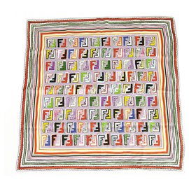 Fendi-FENDI bright multicolor FF monogram Square Print Silk Scarf medium size-Multiple colors