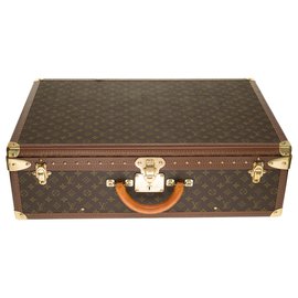 Louis Vuitton-Sehr schöner starrer Louis Vuitton Alzer Koffer 70 In Monogrammleinwand, Lozine und massives Messing-Braun