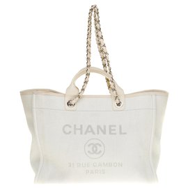 Chanel-Precioso bolso Chanel Deauville Cabas en lona y blanco, Guarnición en métal argenté-Blanco
