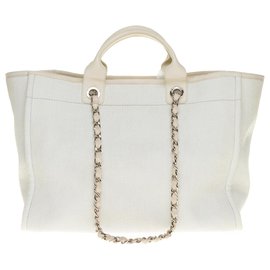Chanel-Linda bolsa Chanel Deauville Cabas em lona e branco, Garniture en métal argenté-Branco
