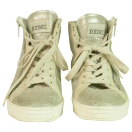 Hogan-Hogan Rebel Silber Schnür & Reißverschluss High Top Turnschuhe Sneakers Größe 37 Schuhe-Silber