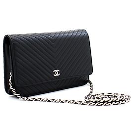 CHANEL V-Stitch Caviar Cartera Con Cadena WOC Bolso De Hombro Negro Negro