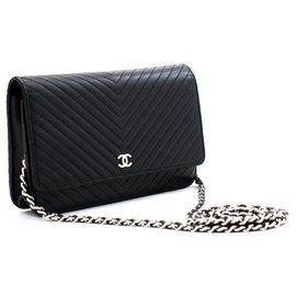 Chanel-CHANEL V-Stitch Caviar Wallet On Chain WOC Black Shoulder Bag-Black
