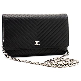 Chanel-CHANEL V-Stitch Caviar Wallet an der Kette WOC Black Shoulder Bag-Schwarz