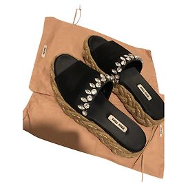 Miu Miu Embellished Satin Espadrilles Black Leather Black
