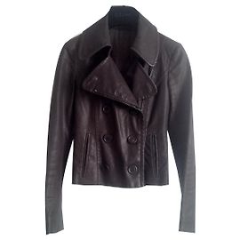 Giacca Prada in pelle di agnello nappa. Marrone scuro. petto foderato con ampi revers. Marrone Marrone scuro