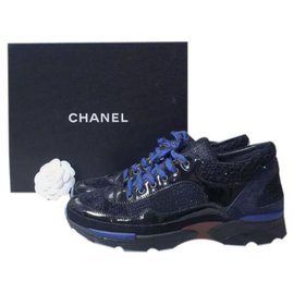 Chanel-CHANEL CC LOGO Black Patent Leather Tweed  Sneakers Sz.38-Multiple colors