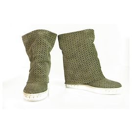 Casadei Khaki Perforated Suede Iconic Chain Wedge Platform Booties Shoes Boot 37 Khaki
