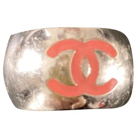 Chanel-CC Logo Enamel Heart Band-Silver hardware