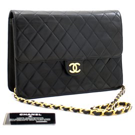 Chanel-CHANEL Bolso de hombro con cadena Embrague Solapa acolchada negra Piel de cordero-Negro