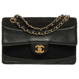 Chanel-Rare Chanel Single Flap Bi-Material Leather and Vintage Jersey Bag with its Wallet-Black