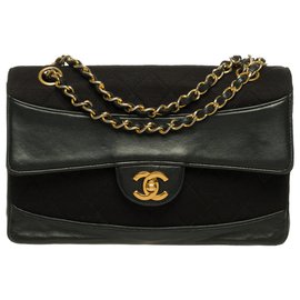 Chanel-Raro bolso Chanel de cuero bimaterial con solapa simple y jersey vintage con billetera-Negro