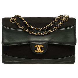 Bolsa Rara Chanel Single Abap Bi-Material Couro e Vintage Jersey Bolsa com sua Carteira Preto