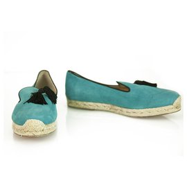 Christian Louboutin-Christian Louboutin Spanish Cheetah Turquaz Suede Tassel Riviera Espadrilles 38-Turquoise