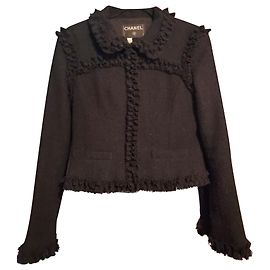 Chanel Little Black Wool Boucle Jacket with ruffles Black