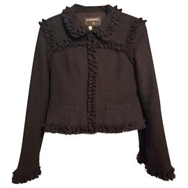 Chanel-Chanel Little Black Wool Boucle Jacket with ruffles-Black