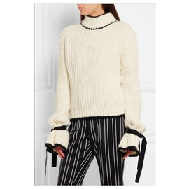 JW Anderson-J.W.ANDERSON Unisex Alpaca Wool Off-White with Black Cuff Ties Oversized Turtleneck Jumper Sweater Pullover-Black,White