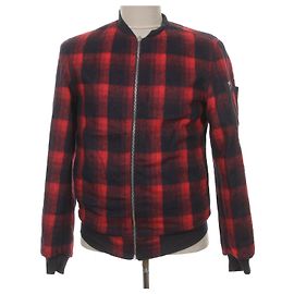 DANIELE ALESSANDRINI Reversible Wool Blend Check Plaid Red/Navy Blue Bomber Jacket Coat Black Dark red