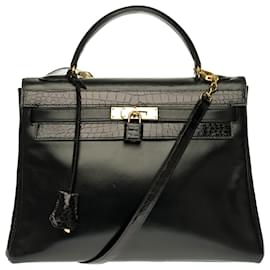 Hermès-Très beau sac Hermès Kelly 32 retourné en cuir box noir customisé avec crocodile noir, garnitures en métal plaqué or-Noir