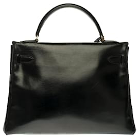 Hermès-Muy hermosa bolsa de Hermes Kelly 32 Al revés en cuero de caja negro personalizado con cocodrilo negro, accesorios de metal chapado en oro-Negro