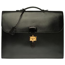 Splendida borsa Hermès Dispatch in pelle box nera personalizzata con coccodrillo nero Nero