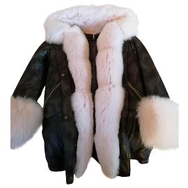 Autre Marque Wild Artic leather coat with pink fox fur Pink Khaki