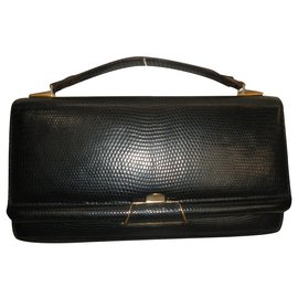 Lancel Black Leather Lizard Effect Handbag Black