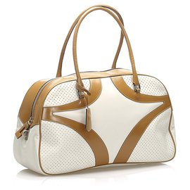 Prada-Prada White Vitello Drive Leather Handbag-Brown,White