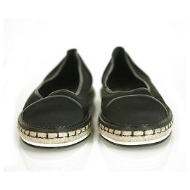 Chanel Black Fabric & Leather Cap Toe Flat Espadrilles Jute platform size 38 Black