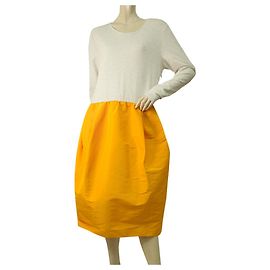 Cos Grey Top Gelb Ballonrock Langarm Knielanges Kleid Größe L. Weiß Gelb