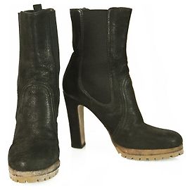Prada Black Leather Pull On Calf Booties Boots Heels Shoes size 36.5 Black